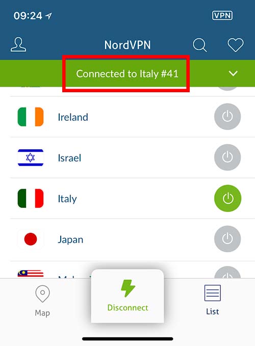 connessione vpn effettuata in italia