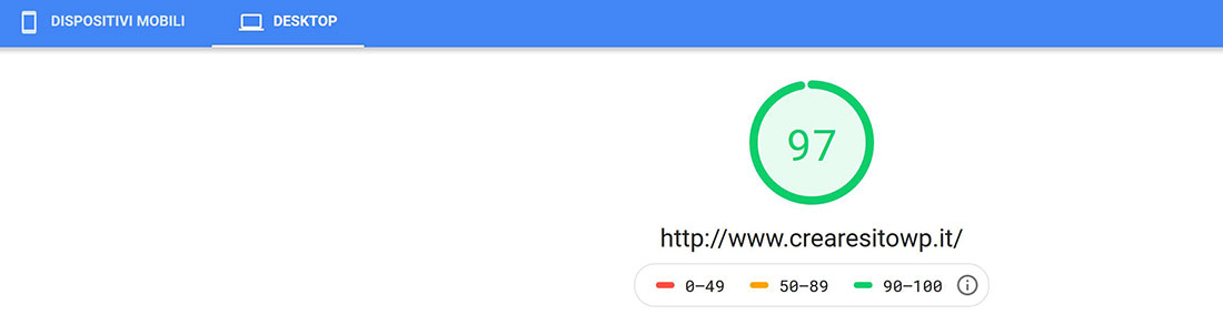 Risultati Google PageSpeed Insight dispositivi desktop