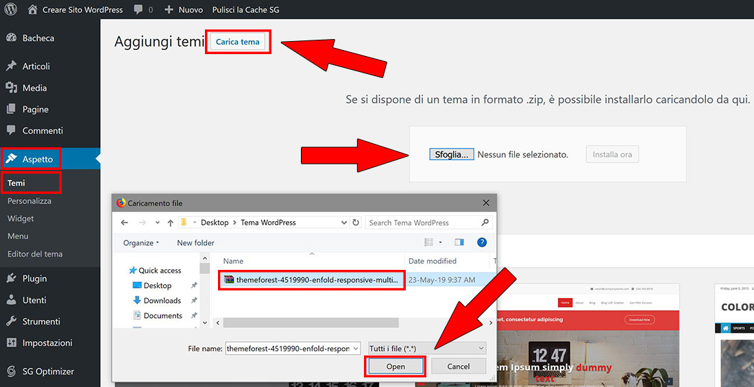 aggiungere tema wordpress