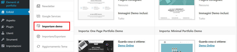 importare template demo enfold