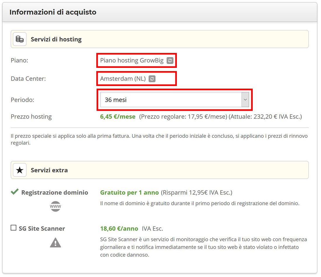 informazioni acquisto hosting web