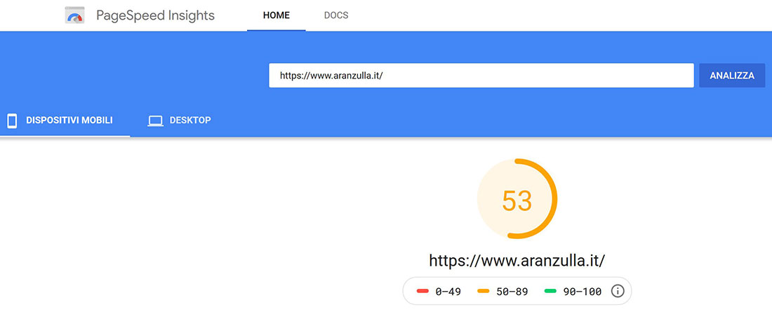 Risultati Google PageSpeed Insight dispositivi mobili Aranzulla.it