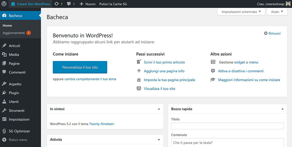 pannello di controllo wordpress