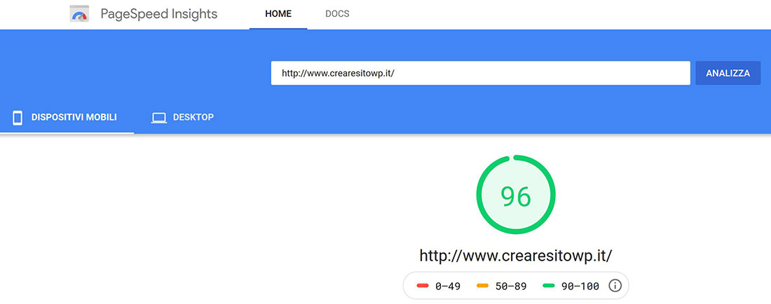 Risultati Google PageSpeed Insight dispositivi mobili