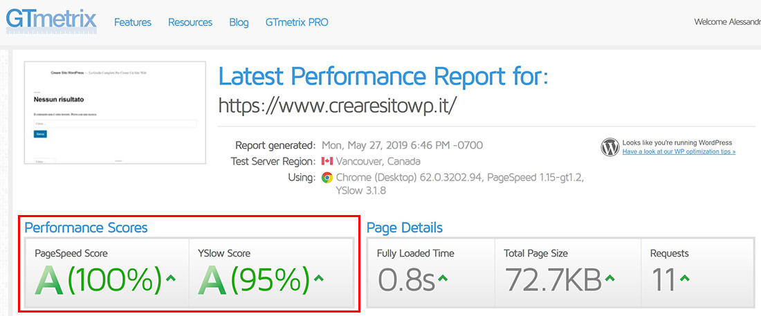 risultato test gtmetrix dopo cdn