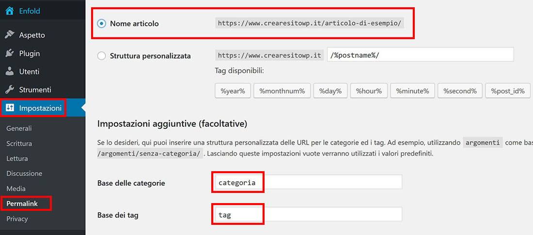 come cambiare struttura permalink wordpress