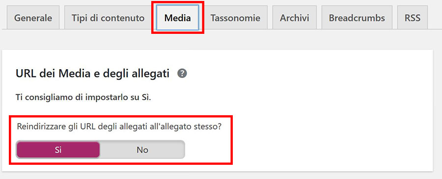 impostazioni yoast seo media