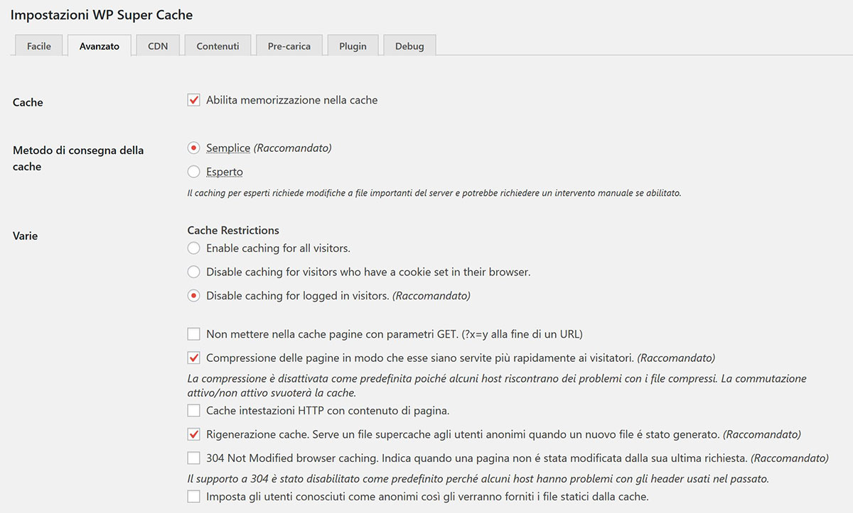 impostazioni ottimali wp super cache