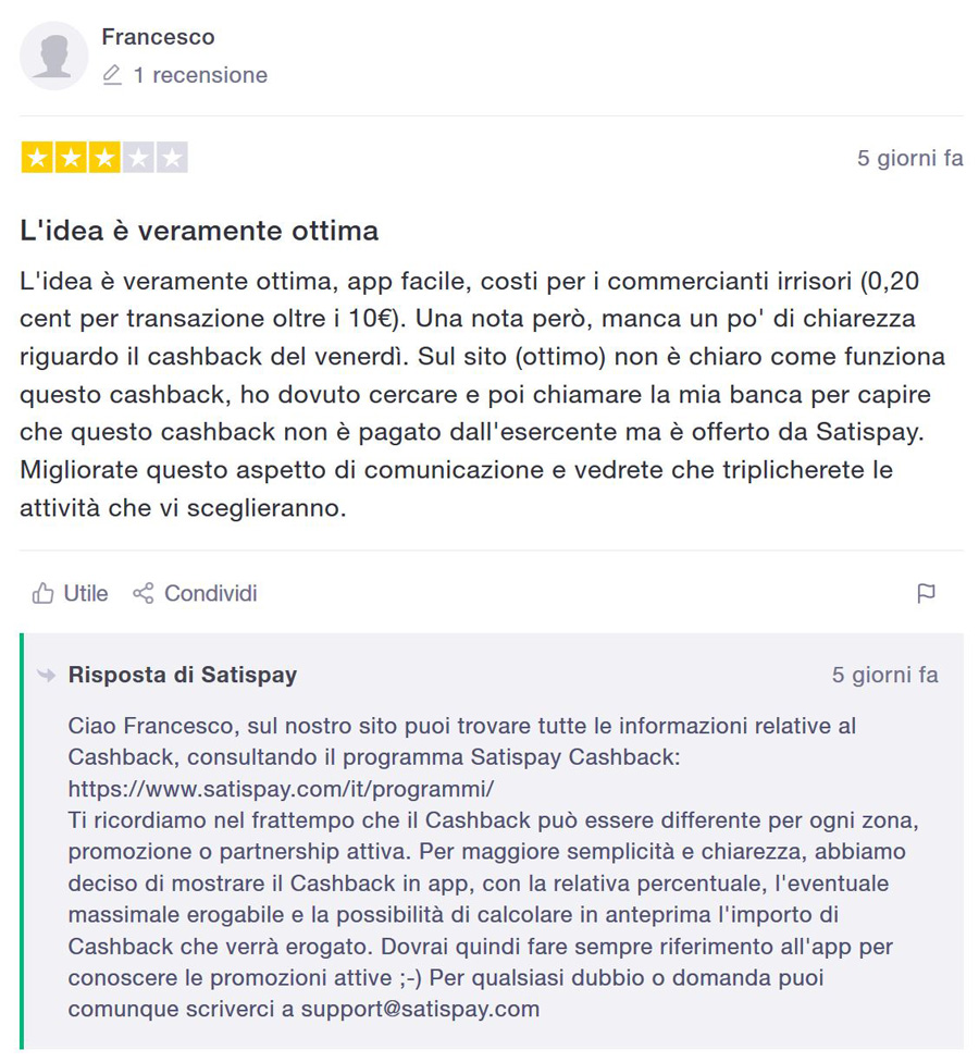 recensione risposta supporto satispay