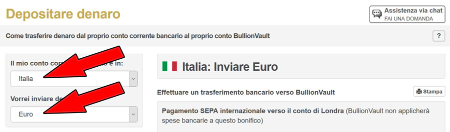 selezione paese conto bancario valuta