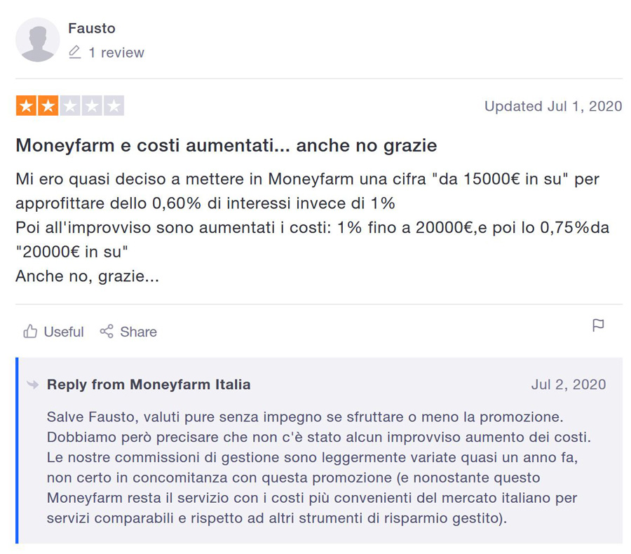 recensione e opinione negativa sui costi aumentati di moneyfarm