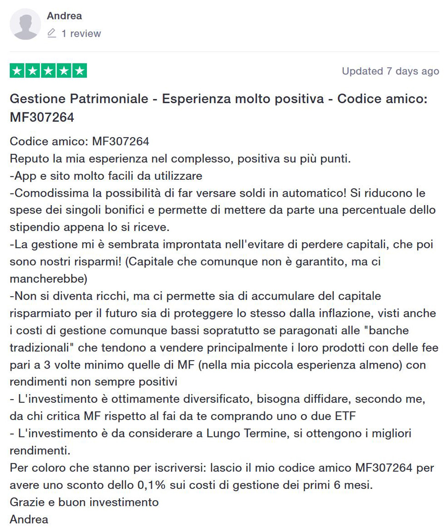 testimonianza gestione partimoniale moneyfarm con codice amico