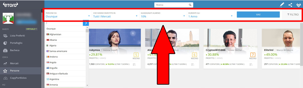 filtri copy trader