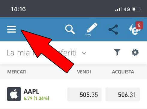 menu piattaforma etoro app