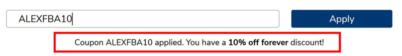 codice coupon ALEXFBA10 applicato sconto 10% per sempre
