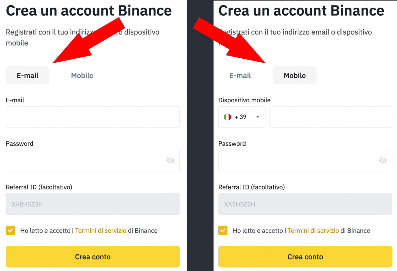 creare conto binance