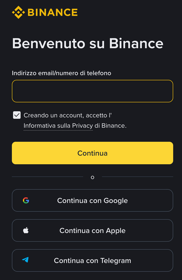 iscrizione binance