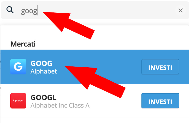 ricerca azioni google simbolo goog