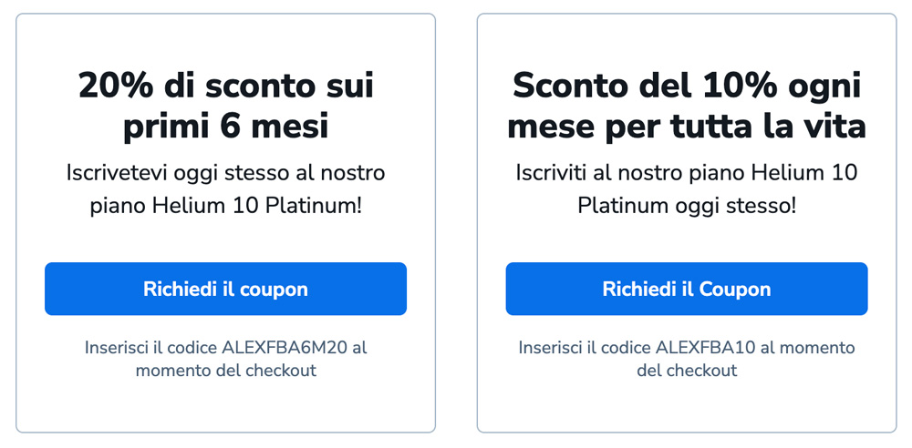 helium 10 sconto coupon promozione 20% e 10