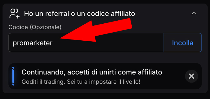 Inserimento codice referral WhiteBIT