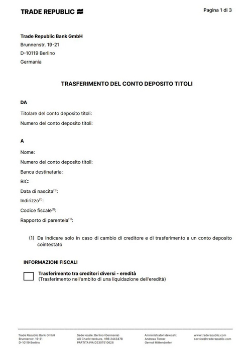 Fac-simile modulo trasferimento titoli trade republic