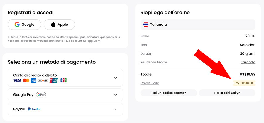 crediti saily bonus benvenuto invito codice sconto