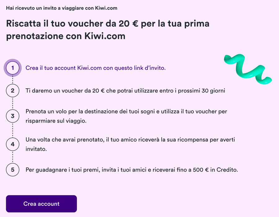 istruzioni invito kiwi.com coupon 20 Euro gratis