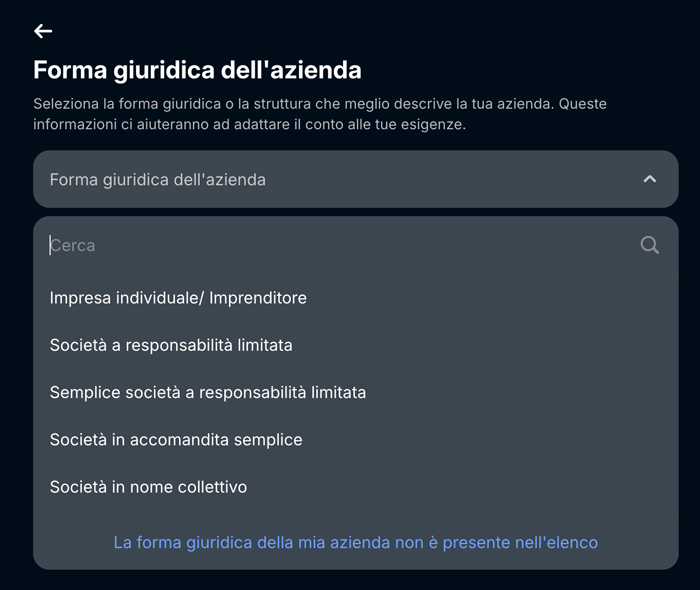 step selezione forma giuridica azienda