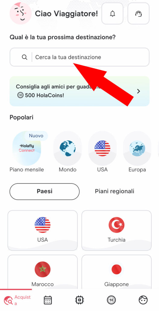 holafly selezione paese esim piano