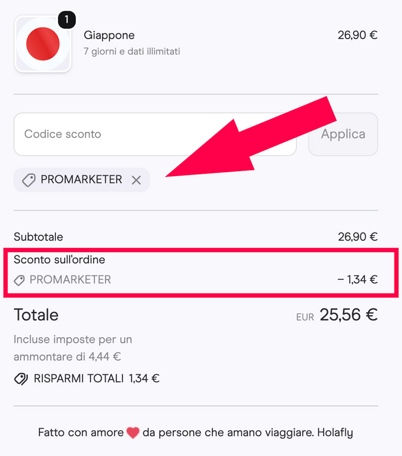codice sconto holafly esim giappone applicato