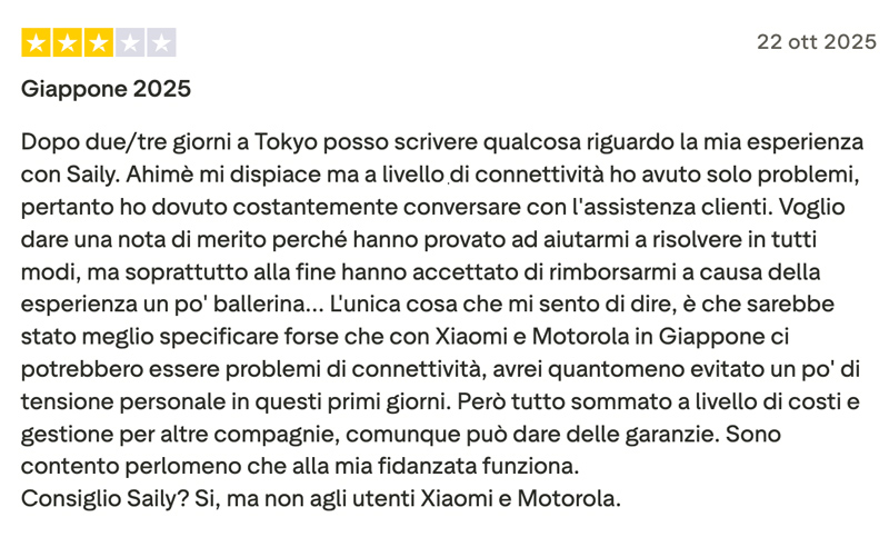 esempio recensione con richiesta rimborso saily