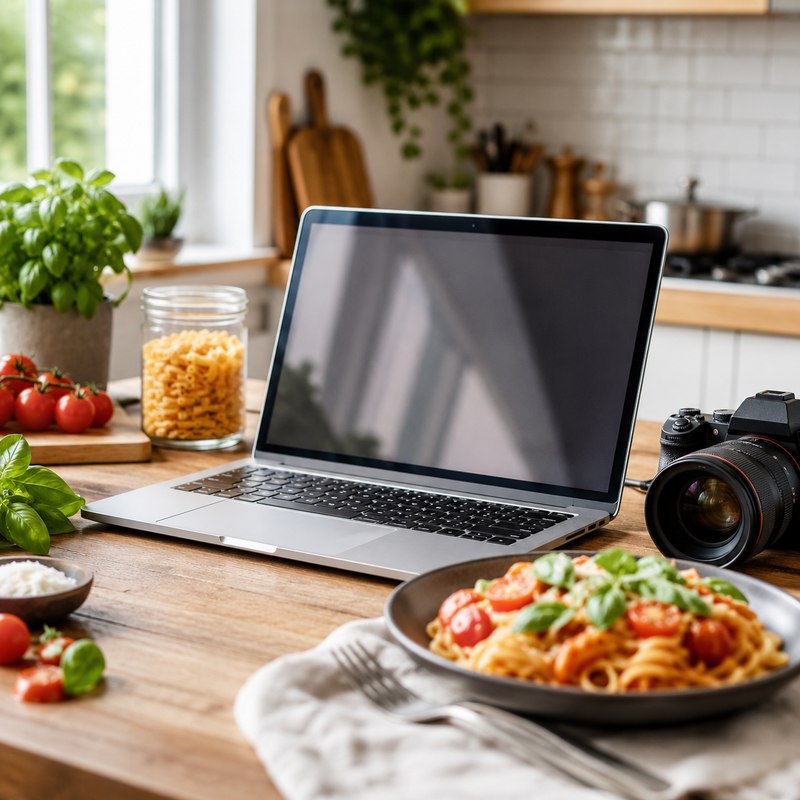 laptop in cucina con ingredienti freschi e piatto per aprire un blog di cucina