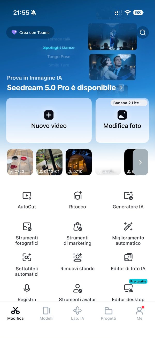 capcut schermata iniziale nuovo video