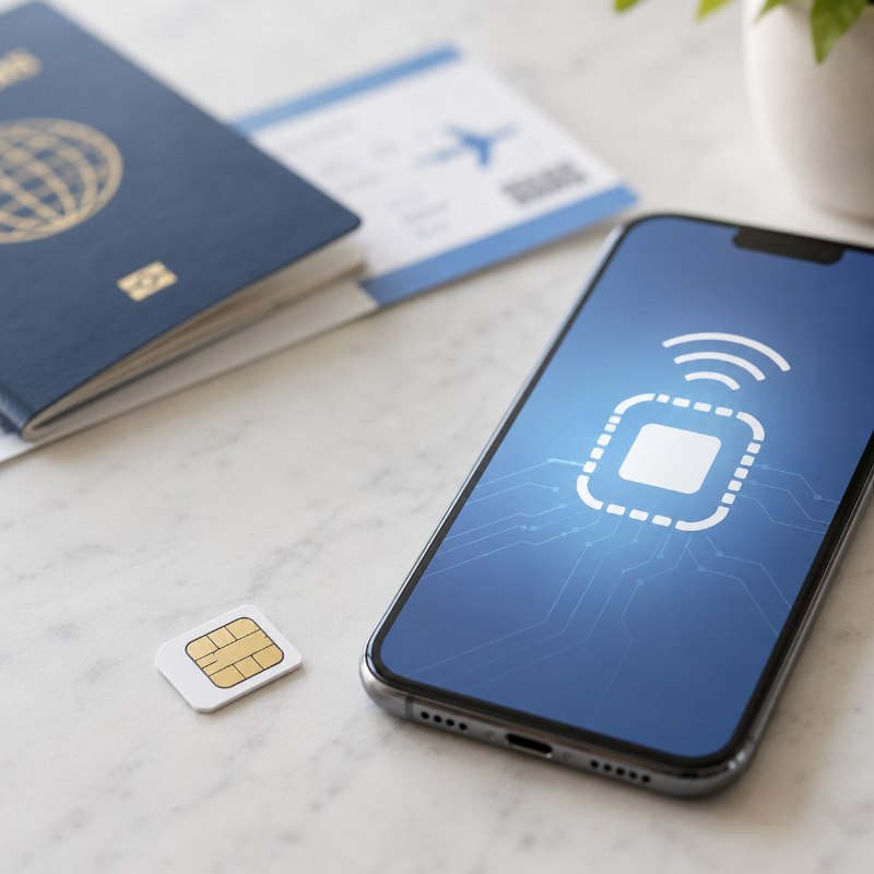 esim vs sim fisica confronto esim su smartphone accanto a sim fisica con passaporto per viaggiare