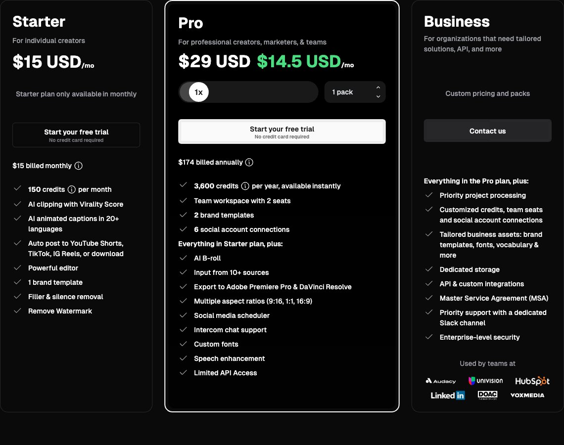 opus clip prezzi ufficiali piani starter pro business dal sito ufficiale