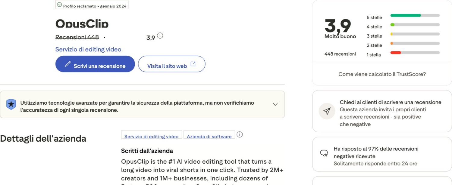 opus clip recensioni su trustpilot punteggio 3,9 su 448 recensioni