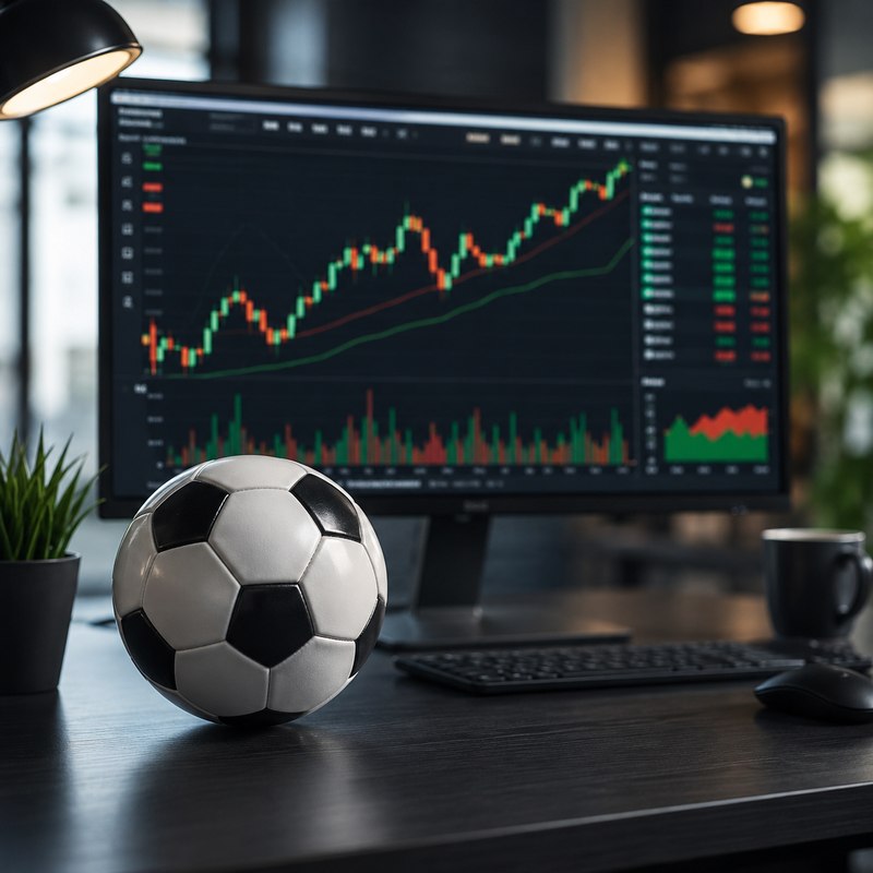 pallone da calcio davanti a monitor con grafici di borsa in crescita