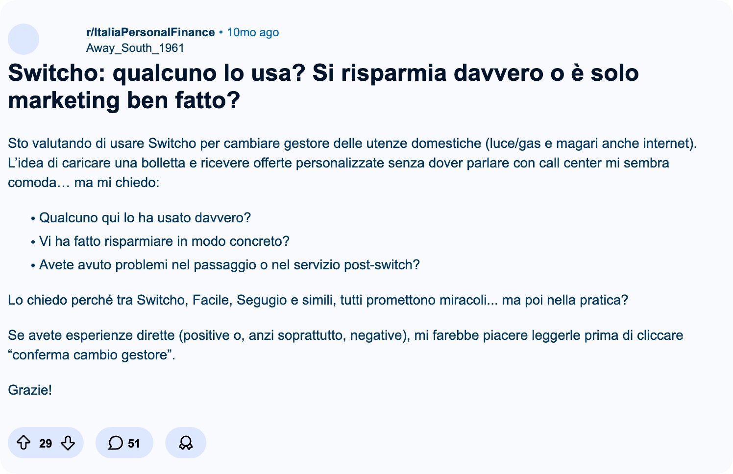 Opinioni Switcho su Reddit Thread su Switcho in r/ItaliaPersonalFinance su Reddit, 29 upvote e 51 commenti