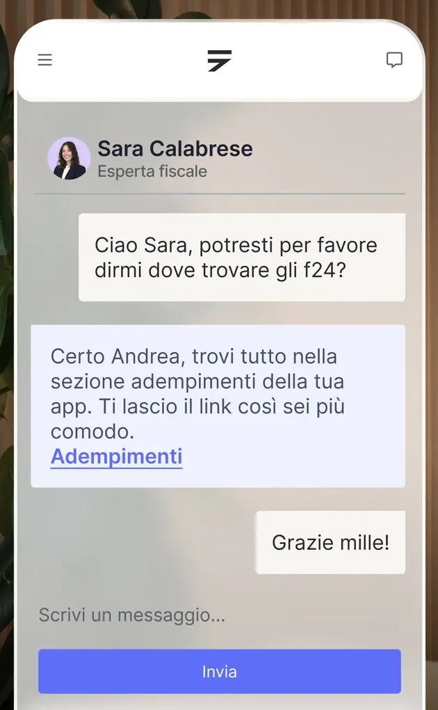 Chat dell'app Fiscozen con un'esperta fiscale che spiega dove trovare gli F24