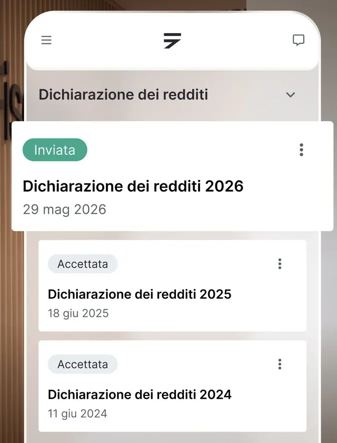 Elenco delle dichiarazioni dei redditi nell'app Fiscozen con lo stato inviata e accettata