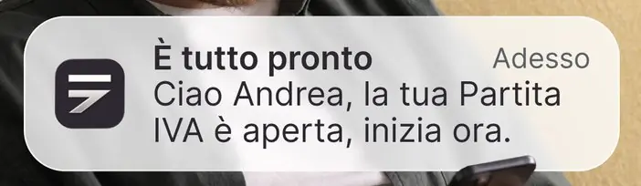 Notifica push dell'app Fiscozen che avvisa dell'apertura della partita IVA