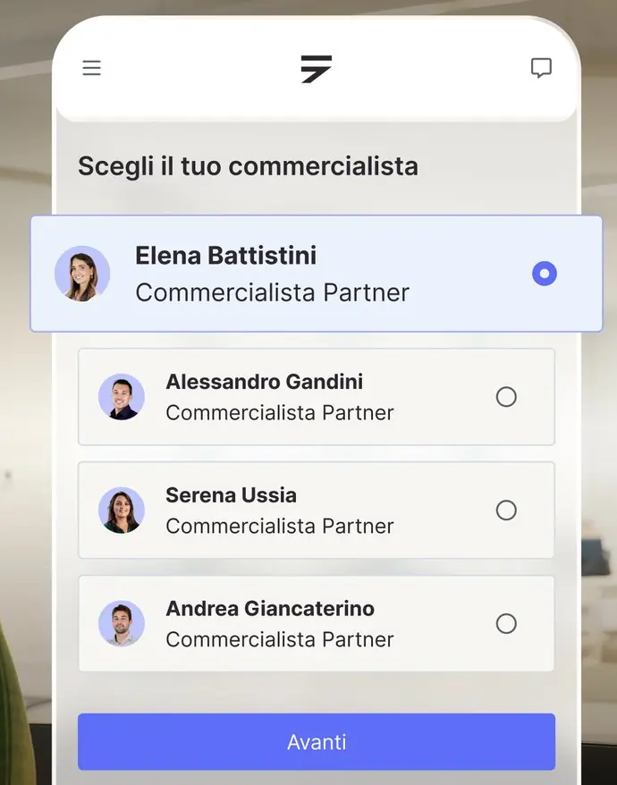 Schermata dell'app Fiscozen per scegliere il commercialista partner