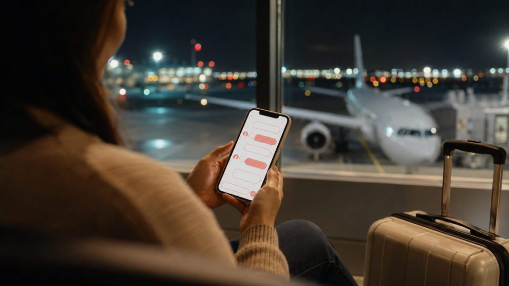 Assistenza Holafly: viaggiatrice in aeroporto che scrive alla chat di supporto Assistenza Holafly: viaggiatrice in aeroporto che scrive alla chat di supporto