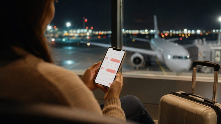 Assistenza Holafly: viaggiatrice in aeroporto che scrive alla chat di supporto
