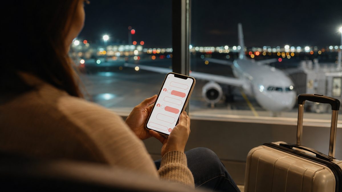 Assistenza Holafly: viaggiatrice in aeroporto che scrive alla chat di supporto
