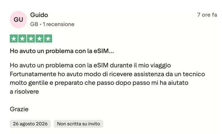 Recensione Trustpilot su un problema con la eSIM Holafly risolto dall’assistenza tecnica Recensione Trustpilot su un problema con la eSIM Holafly risolto dall’assistenza tecnica