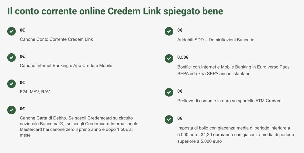 Costi del conto corrente Credem Link Costi del conto corrente Credem Link