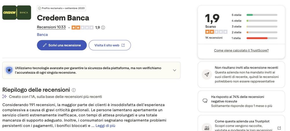 Punteggio Trustpilot di Credem Banca, 1,9 su 5 con 1.038 recensioni Punteggio Trustpilot di Credem Banca, 1,9 su 5 con 1.038 recensioni