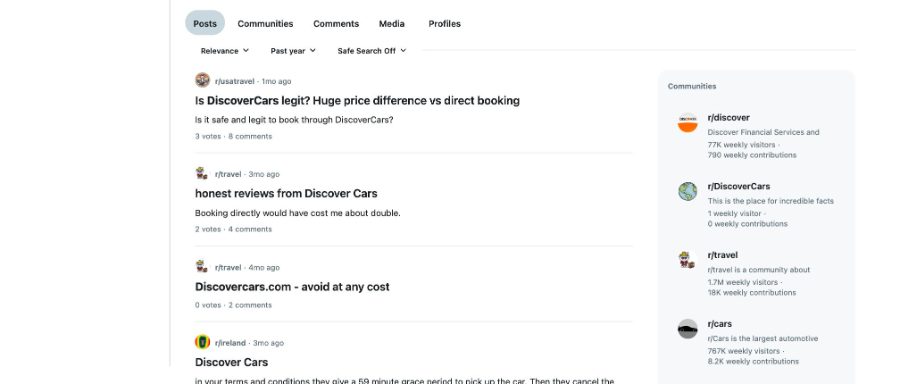Recensioni DiscoverCars discusse su Reddit nei subreddit di viaggio