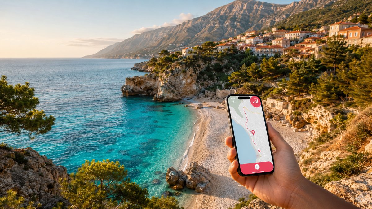 eSIM Holafly Albania: costa albanese e smartphone con mappa